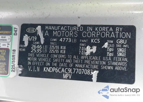 2020 Kia Sportage S z USA, uszkodzony, nr VIN KNDP6CAC9L7707083